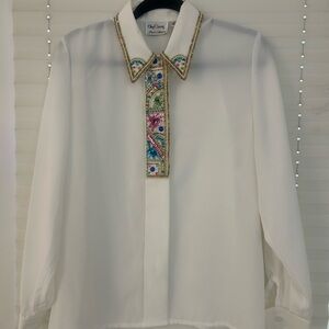 Vintage 1980s Oleg Cassini White Blouse with Multicolor Sequin Collar